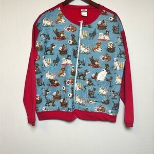 Vintage Grandma core Red and Blue Dog/Cat Print Zip-Up Jacket Size Large